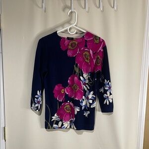 NWOT Audrey 100% Pure Cashmere Talbots Elegant Navy Sweater Pink Floral Design